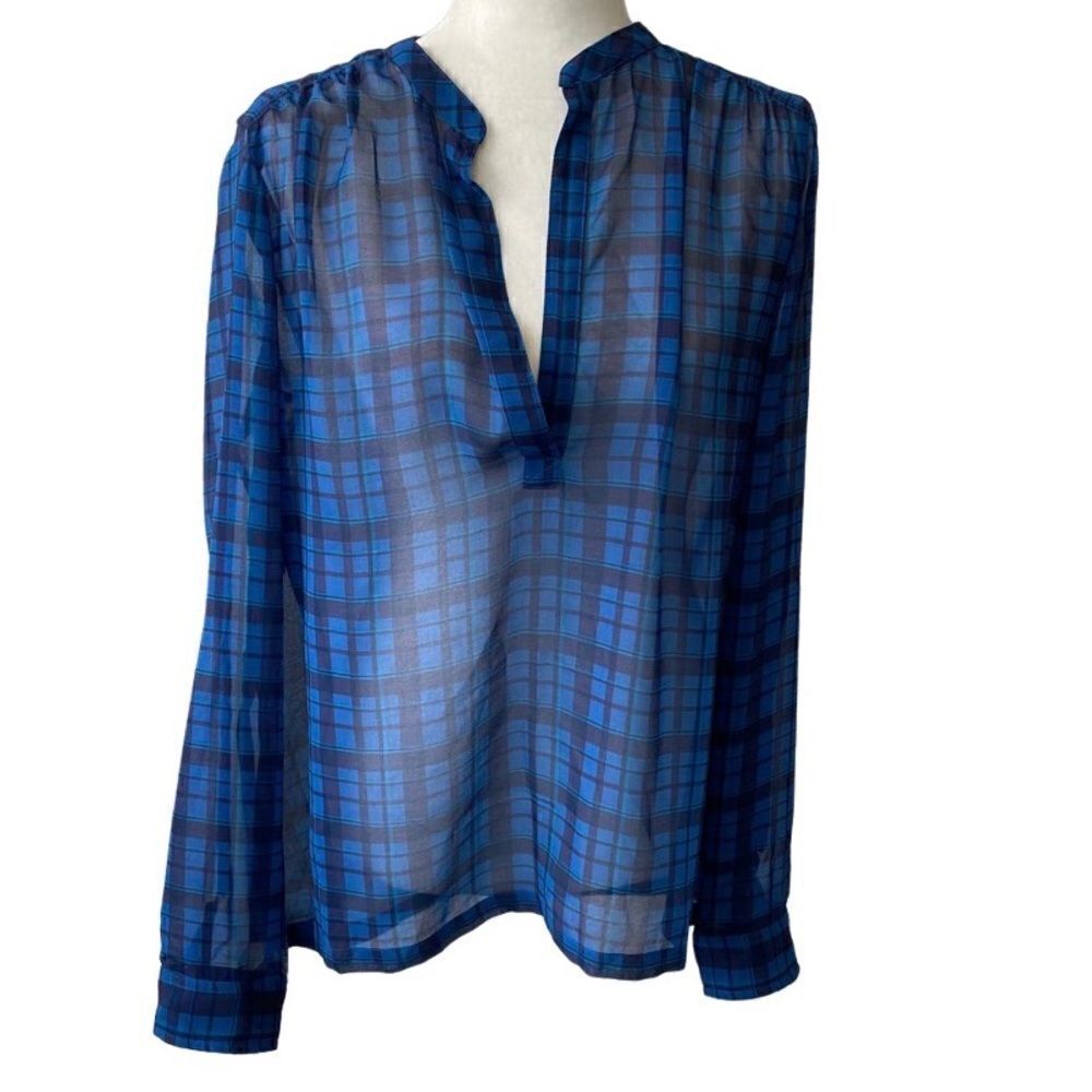 Caslon Nordstrom Tunic Long Sleeve Black Blue Plaid V Neck SZ M NEW